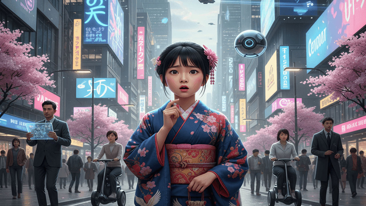 異世界に驚く着物の少女