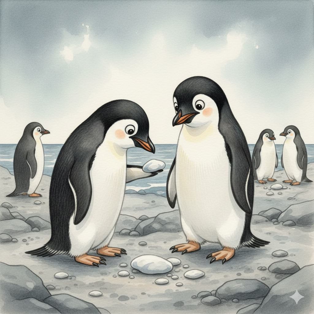 ペンギンは求愛のために小石をプレゼントする